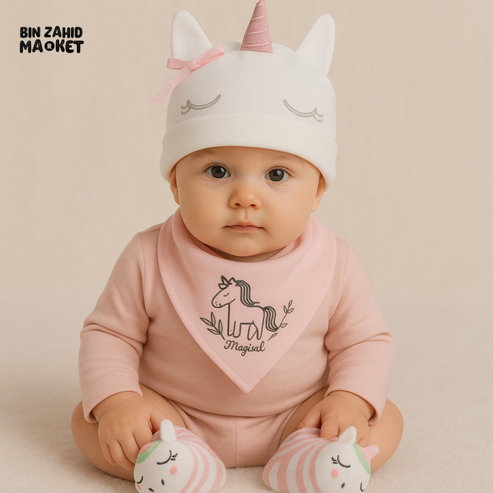 3-PIECE BABY SET – HAT, BIB & SOCKS | OUTFIT FOR NEWBORNS - UNICORN