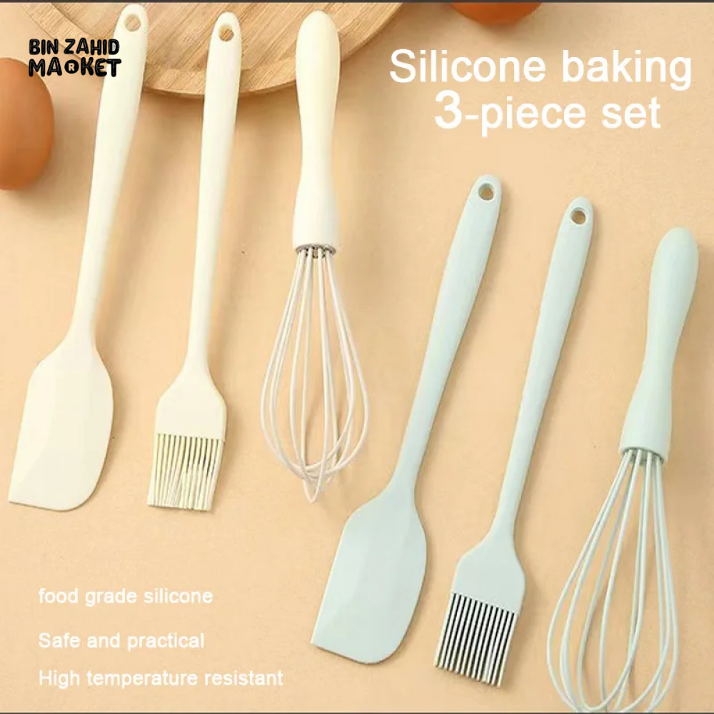 3 PIECE BAKING SET SILICONE SCRAPER EGG BEATER & GREASE BRUSH