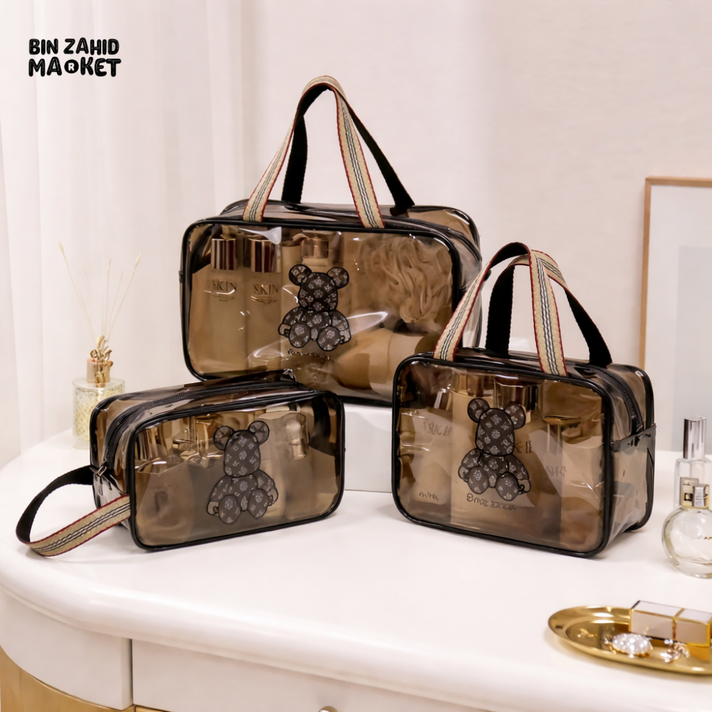 3-PIECE BEAR COSMETIC POUCH SET – PREMIUM VANITY BAGS
