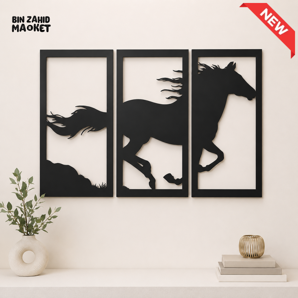 3-PIECE BLACK GALLOPING HORSE METAL WALL ART SET