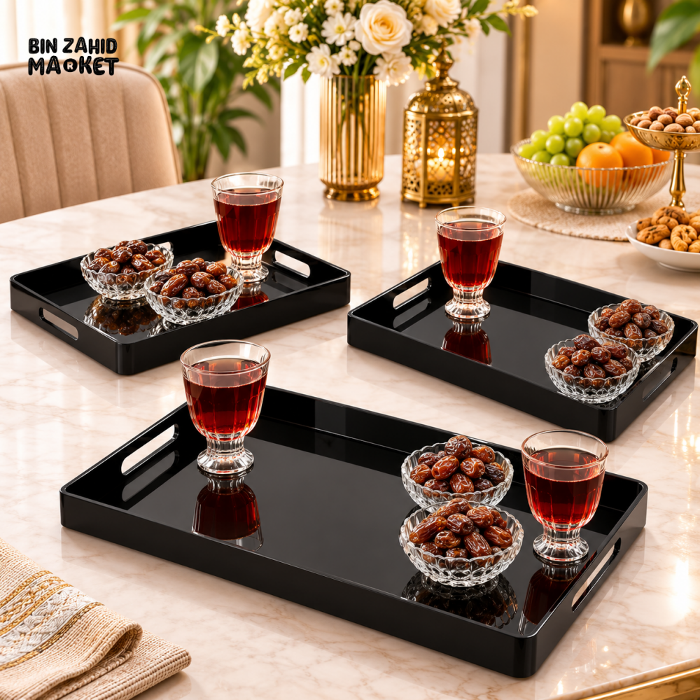 3 PIECE BLACK RECTANGULAR SERVING TRAY SET WITH HANDLES