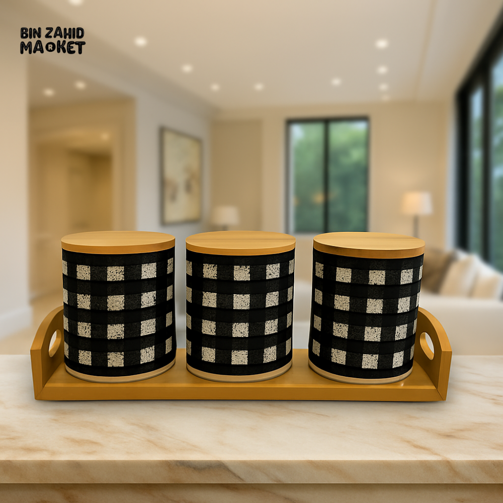 3 PIECE BLACK & WHITE CHECKERED CERAMIC JAR SET WITH BAMBOO LIDS & TRAY – MODERN KITCHEN STORAGE CONTAINERS