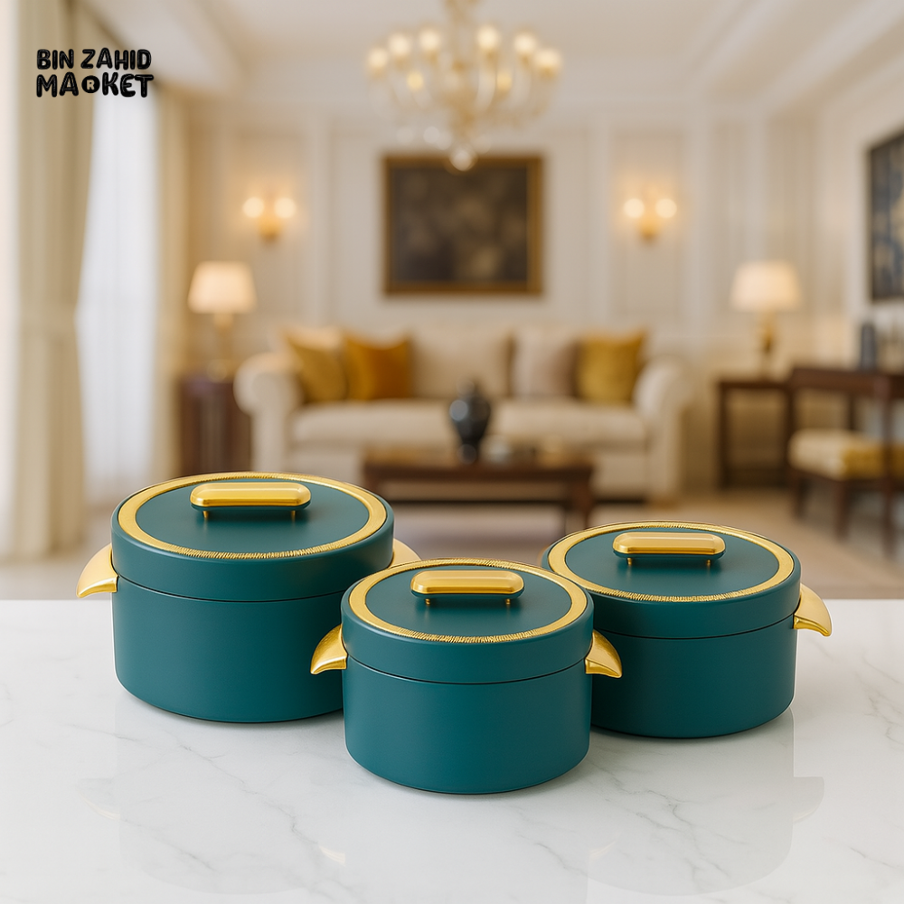 3-PIECE CASSEROLE DISH SET WITH LUXURY GOLD HANDLES – PREMIUM SERVING BOWLS FOR DINING & KITCHEN USE - GREEN