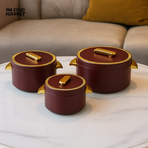 3-PIECE CASSEROLE DISH SET WITH LUXURY GOLD HANDLES – PREMIUM SERVING BOWLS FOR DINING & KITCHEN USE - RED