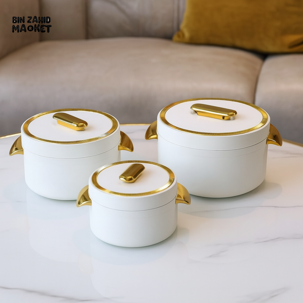 3-PIECE CASSEROLE DISH SET WITH LUXURY GOLD HANDLES – PREMIUM SERVING BOWLS FOR DINING & KITCHEN USE - WHITE