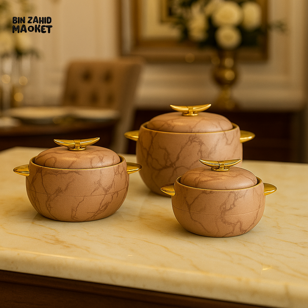 3-PIECE CASSEROLE SET WITH GOLD HANDLES – LUXURY SERVING BOWLS FOR VILLA DINING & KITCHEN USE - BROWN