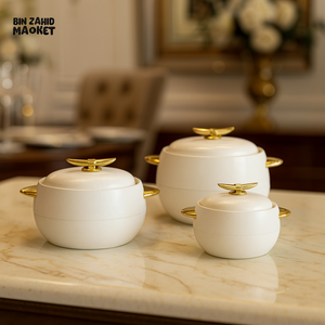 3-PIECE CASSEROLE SET WITH GOLD HANDLES – LUXURY SERVING BOWLS FOR VILLA DINING & KITCHEN USE - WHITE