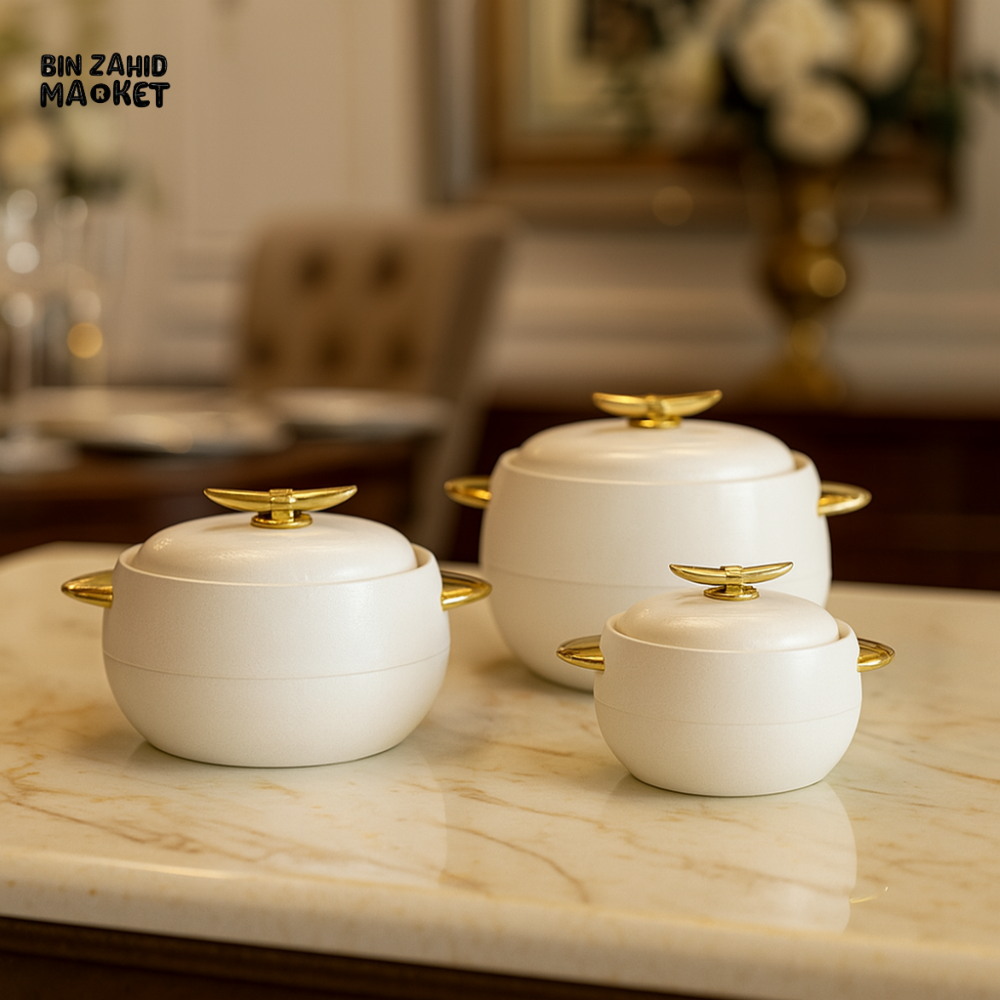 3-PIECE CASSEROLE SET WITH GOLD HANDLES – LUXURY SERVING BOWLS FOR VILLA DINING & KITCHEN USE - WHITE
