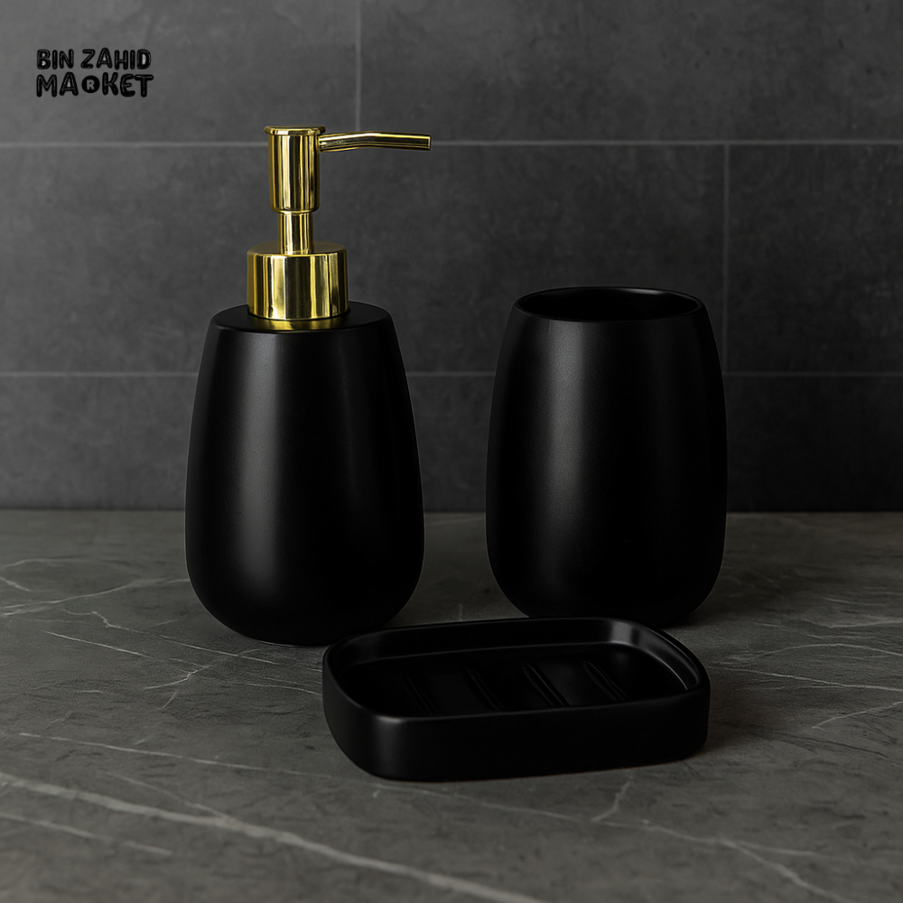 3 PIECE CERAMIC BATHROOM SET – SOAP DISPENSER TUMBLER & SOAP DISH | LUXURY VANITY DECOR - BLACK