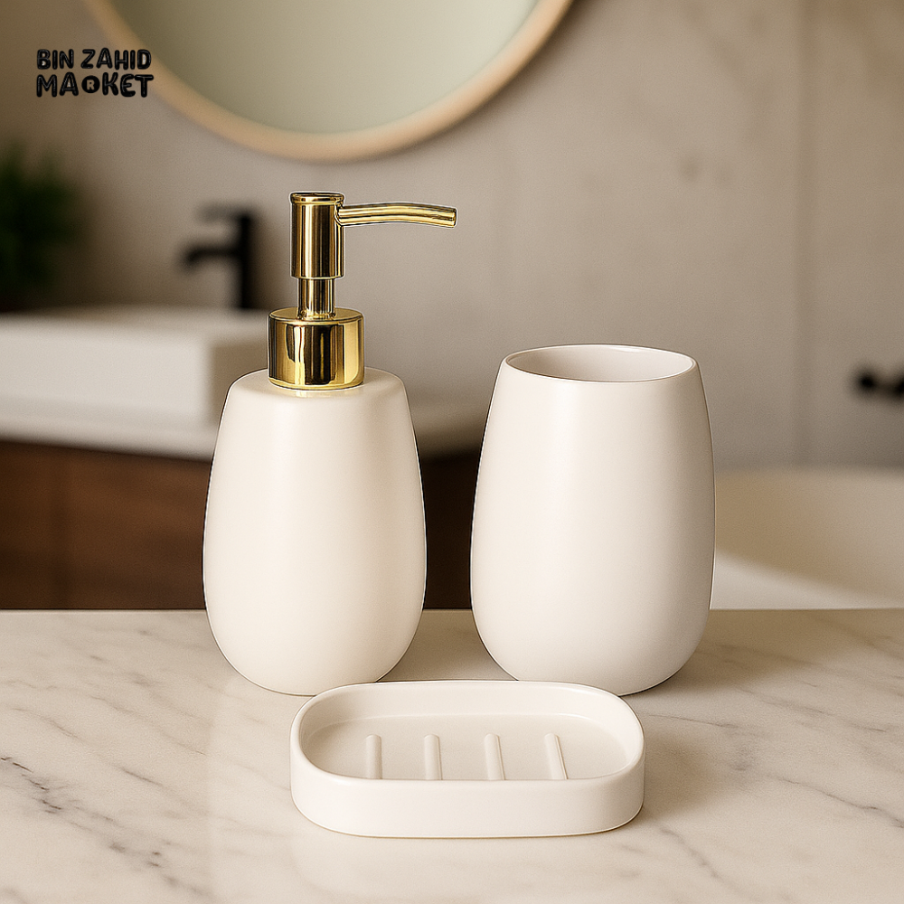 3 PIECE CERAMIC BATHROOM SET – SOAP DISPENSER TUMBLER & SOAP DISH | LUXURY VANITY DECOR - WHITE