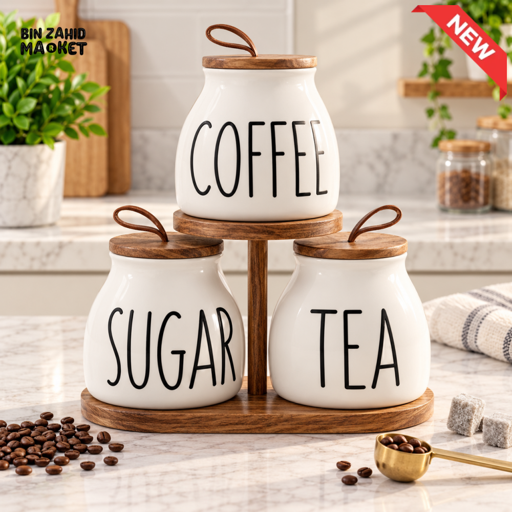 3-PIECE CERAMIC COFFEE SUGAR & TEA STORAGE JAR SET WITH WOODEN STAND