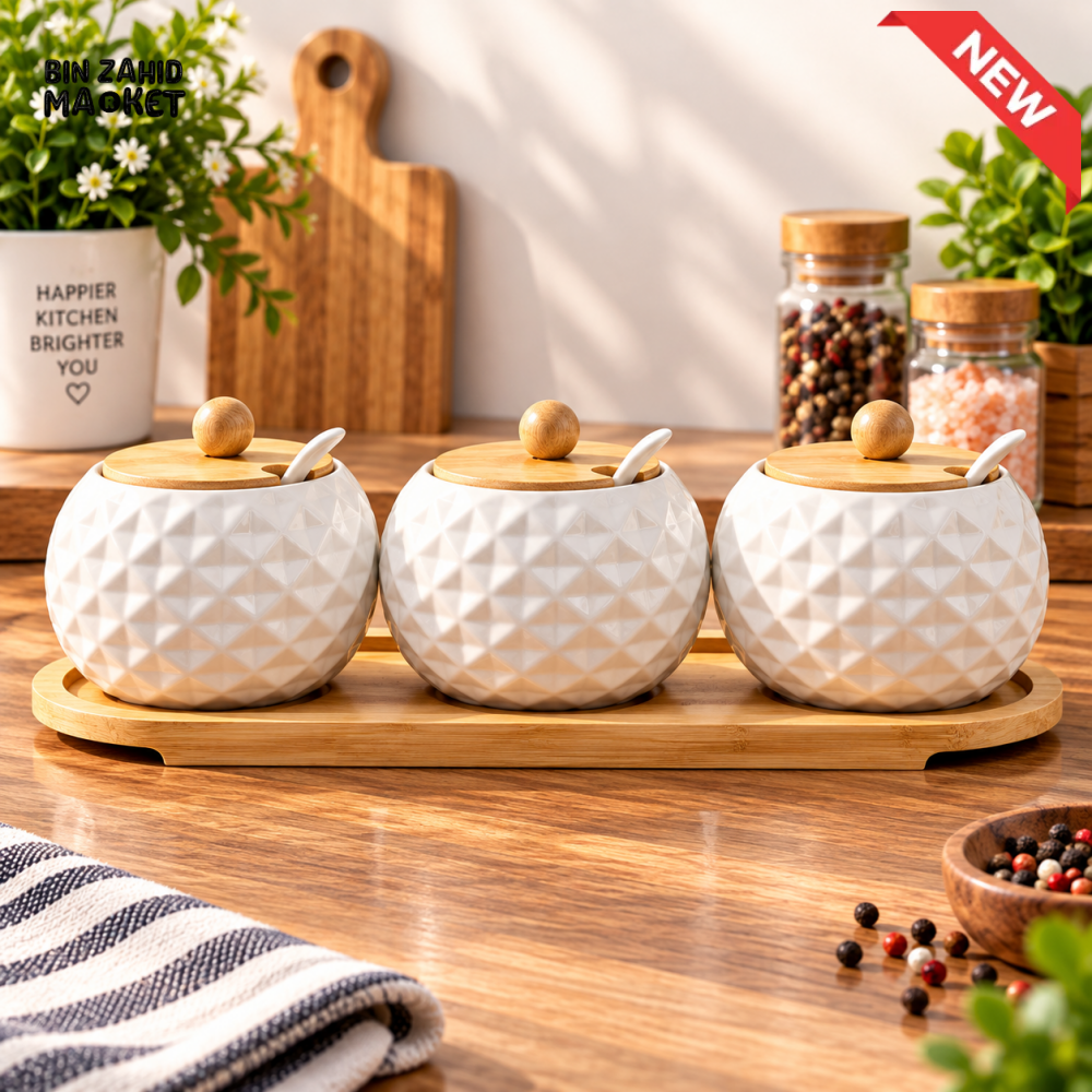 3-PIECE CERAMIC CONDIMENT JAR SET WITH BAMBOO LIDS SPOONS & TRAY