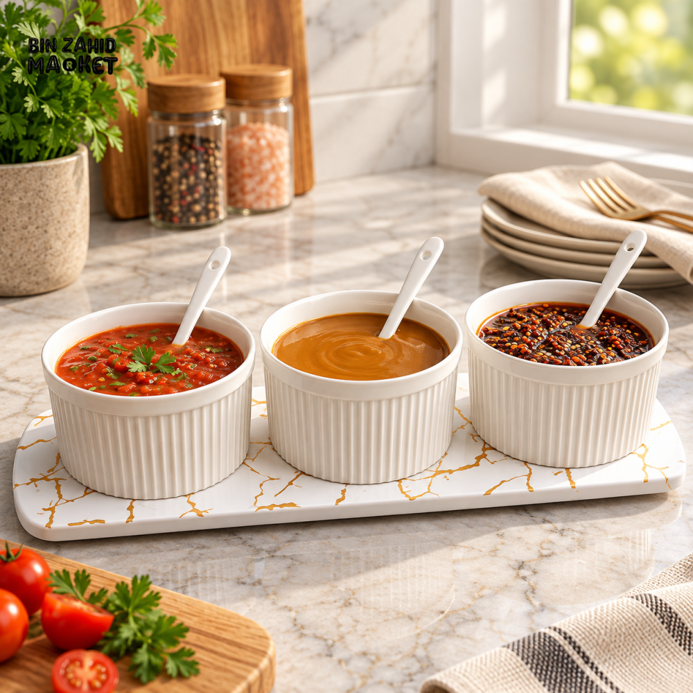 3-PIECE CERAMIC CONDIMENT SERVING BOWL SET WITH SPOONS AND MARBLE-LOOK TRAY