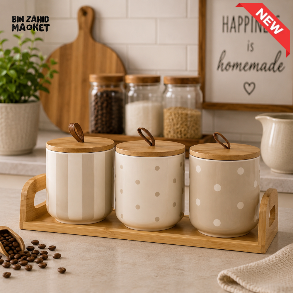 3-PIECE CERAMIC KITCHEN STORAGE CANISTER SET WITH BAMBOO TRAY