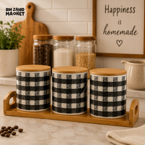 3-PIECE CERAMIC KITCHEN STORAGE CANISTER SET WITH BAMBOO TRAY