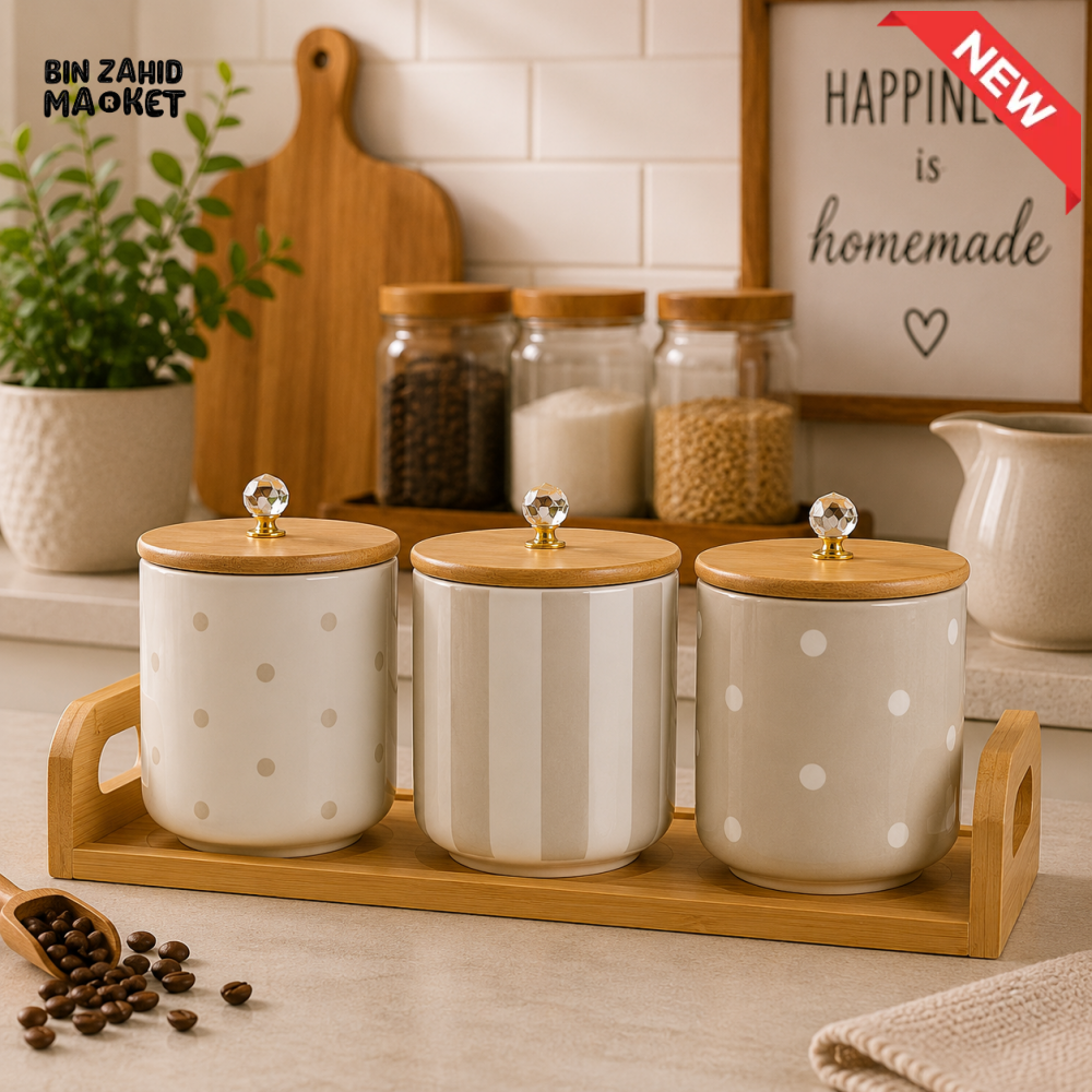 3-PIECE CERAMIC STORAGE CANISTER SET WITH BAMBOO TRAY