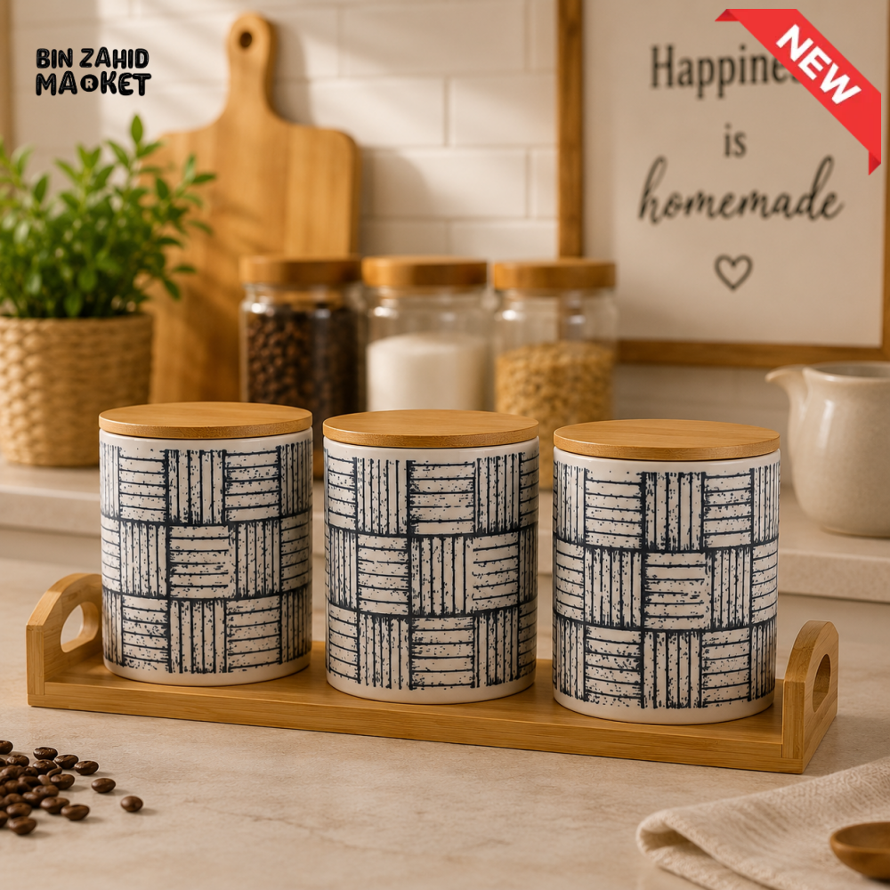 3-PIECE CERAMIC STORAGE CANISTER SET WITH BAMBOO TRAY