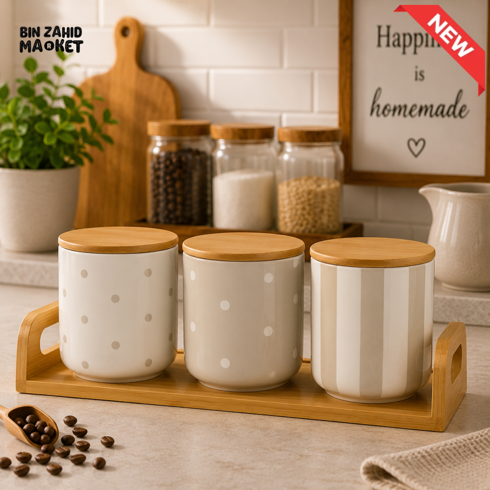 3-PIECE CERAMIC STORAGE CANISTER SET WITH BAMBOO TRAY