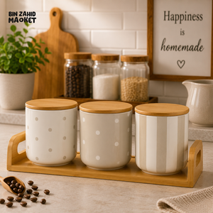 3-PIECE CERAMIC STORAGE CANISTER SET WITH BAMBOO TRAY