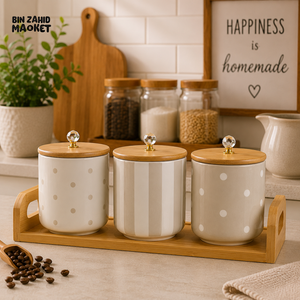 3-PIECE CERAMIC STORAGE CANISTER SET WITH BAMBOO TRAY