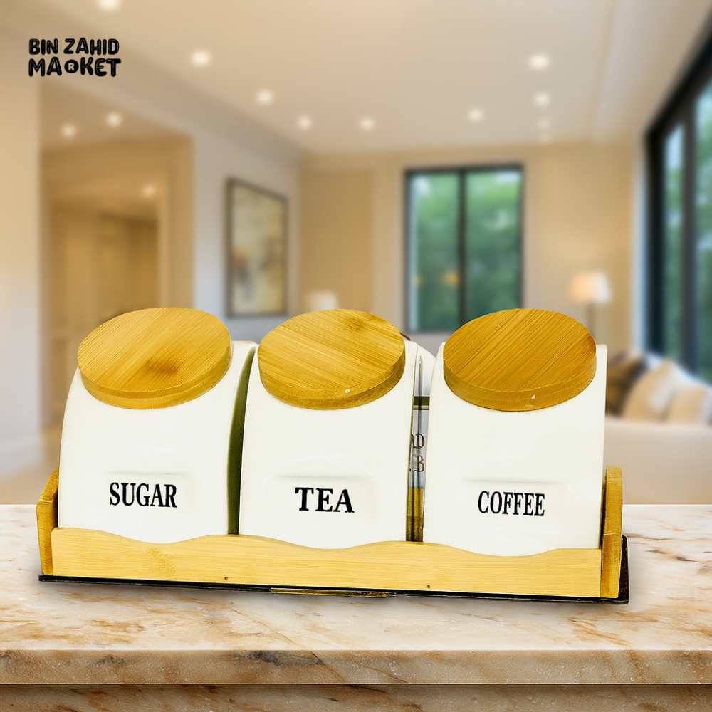 3 PIECE CERAMIC STORAGE JAR SET WITH BAMBOO LIDS & TRAY – SUGAR, TEA, COFFEE CONTAINERS FOR KITCHEN ORGANIZATION