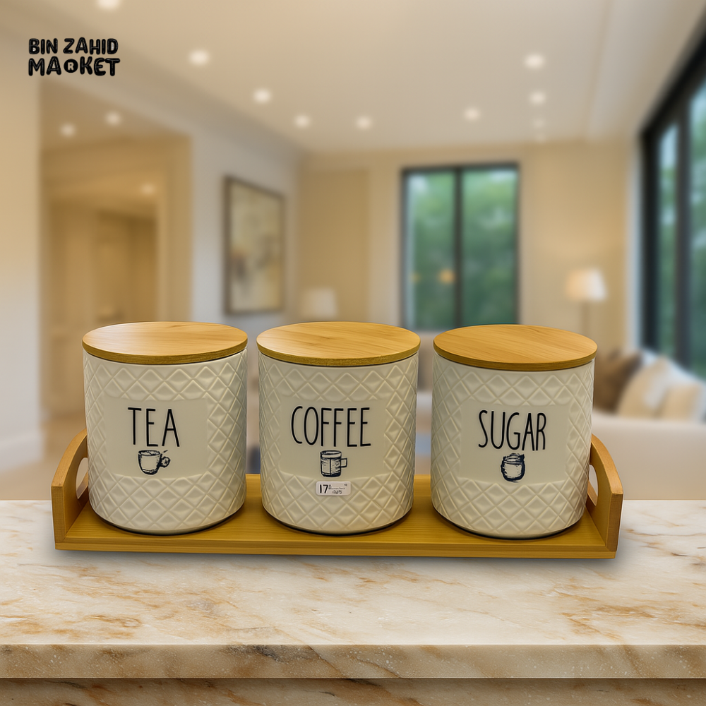 3 PIECE CERAMIC TEA COFFEE SUGAR JAR SET WITH BAMBOO LIDS & TRAY – TEXTURED STORAGE CONTAINERS FOR KITCHEN ORGANIZATION