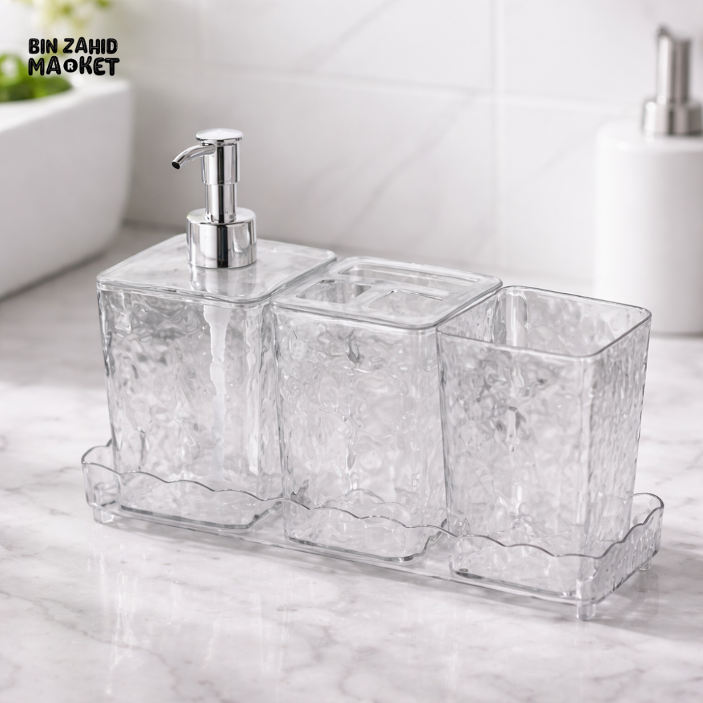 3-PIECE CLEAR GLASS BATHROOM ORGANIZER SET WITH SOAP DISPENSER – LUXURY VANITY ACCESSORY