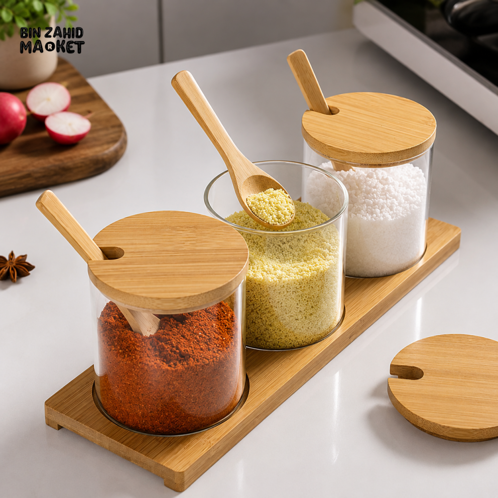 3-PIECE GLASS SPICE JAR SET WITH BAMBOO LIDS SPOONS AND TRAY