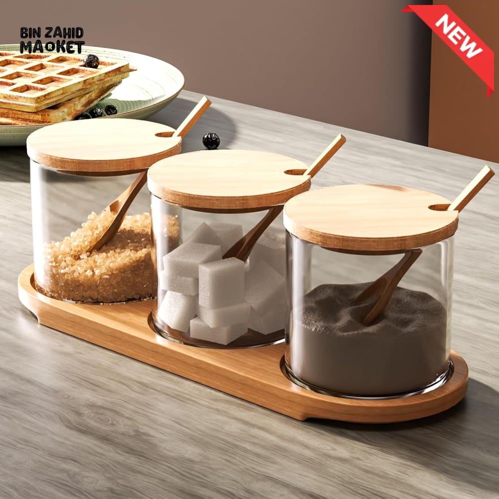 3-PIECE GLASS SPICE JAR SET WITH BAMBOO LIDS SPOONS AND TRAY