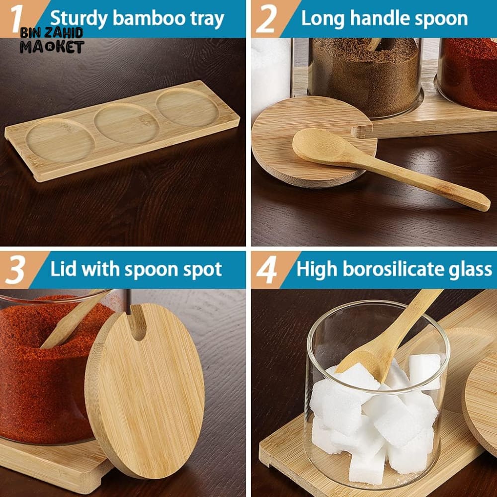 3-PIECE GLASS SPICE JAR SET WITH BAMBOO LIDS SPOONS AND TRAY