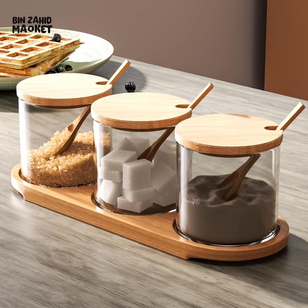 3-PIECE GLASS SPICE JAR SET WITH BAMBOO LIDS SPOONS AND TRAY