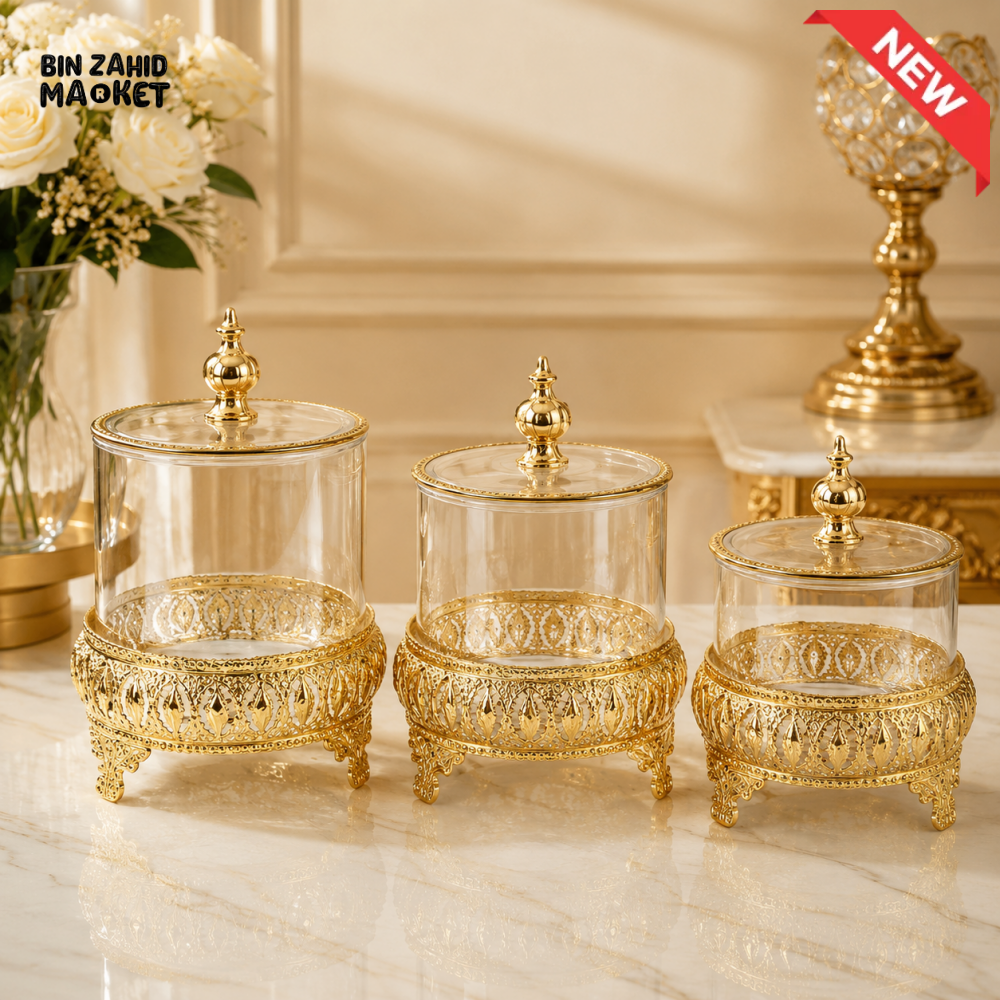 3-PIECE GLASS STORAGE JAR SET WITH ORNATE GOLD STAND