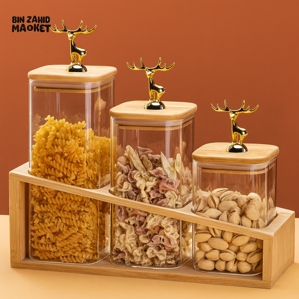 3 PIECE GLASS STORAGE JAR SET WITH WOODEN BASE & GOLDEN DEER LID HANDLES – AIRTIGHT KITCHEN ORGANIZER FOR PASTA SNACKS