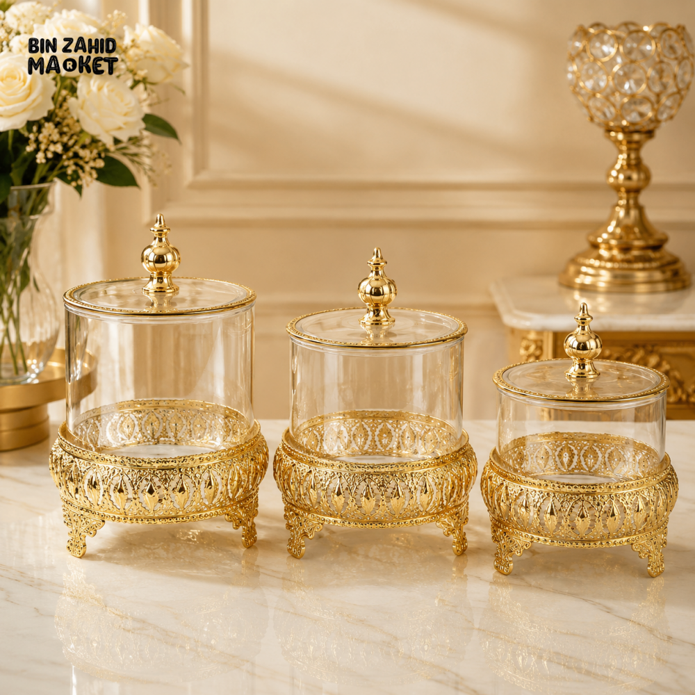 3-PIECE GLASS STORAGE JAR SET WITH ORNATE GOLD STAND