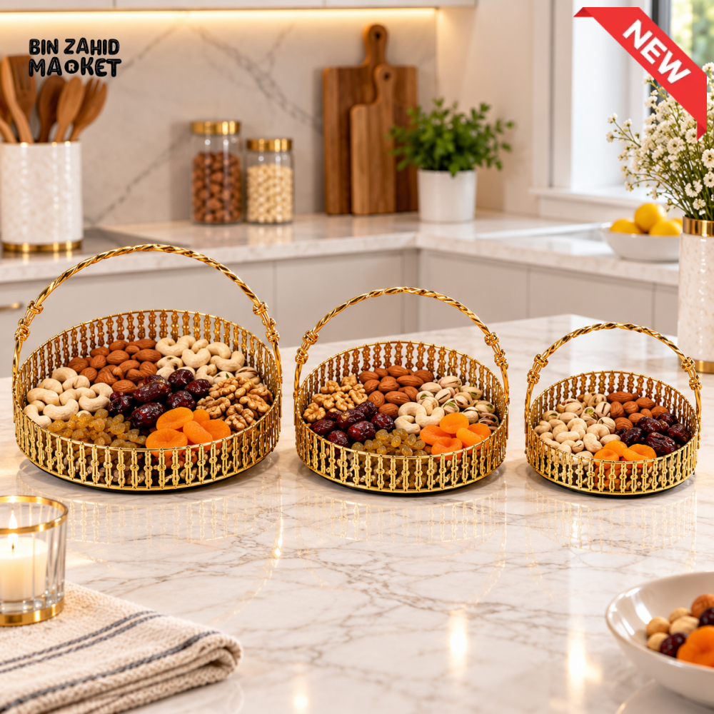 3 PIECE GOLDEN DRY FRUIT SERVING BASKET TRAY SET