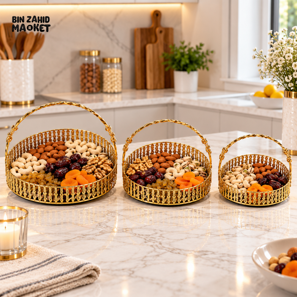 3 PIECE GOLDEN DRY FRUIT SERVING BASKET TRAY SET