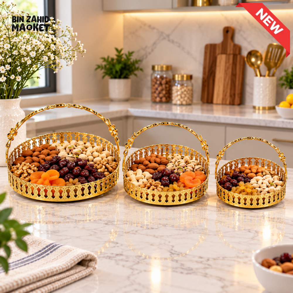 3 PIECE GOLDEN DRY FRUIT SERVING TRAY SET WITH HANDLES