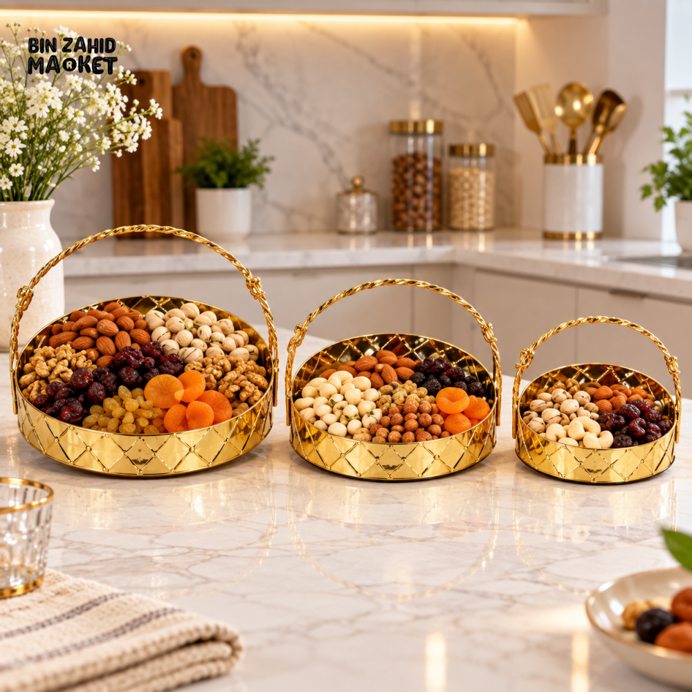 3 PIECE GOLDEN DRY FRUIT SERVING TRAY SET WITH HANDLES