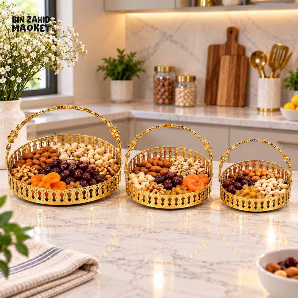 3 PIECE GOLDEN DRY FRUIT SERVING TRAY SET WITH HANDLES