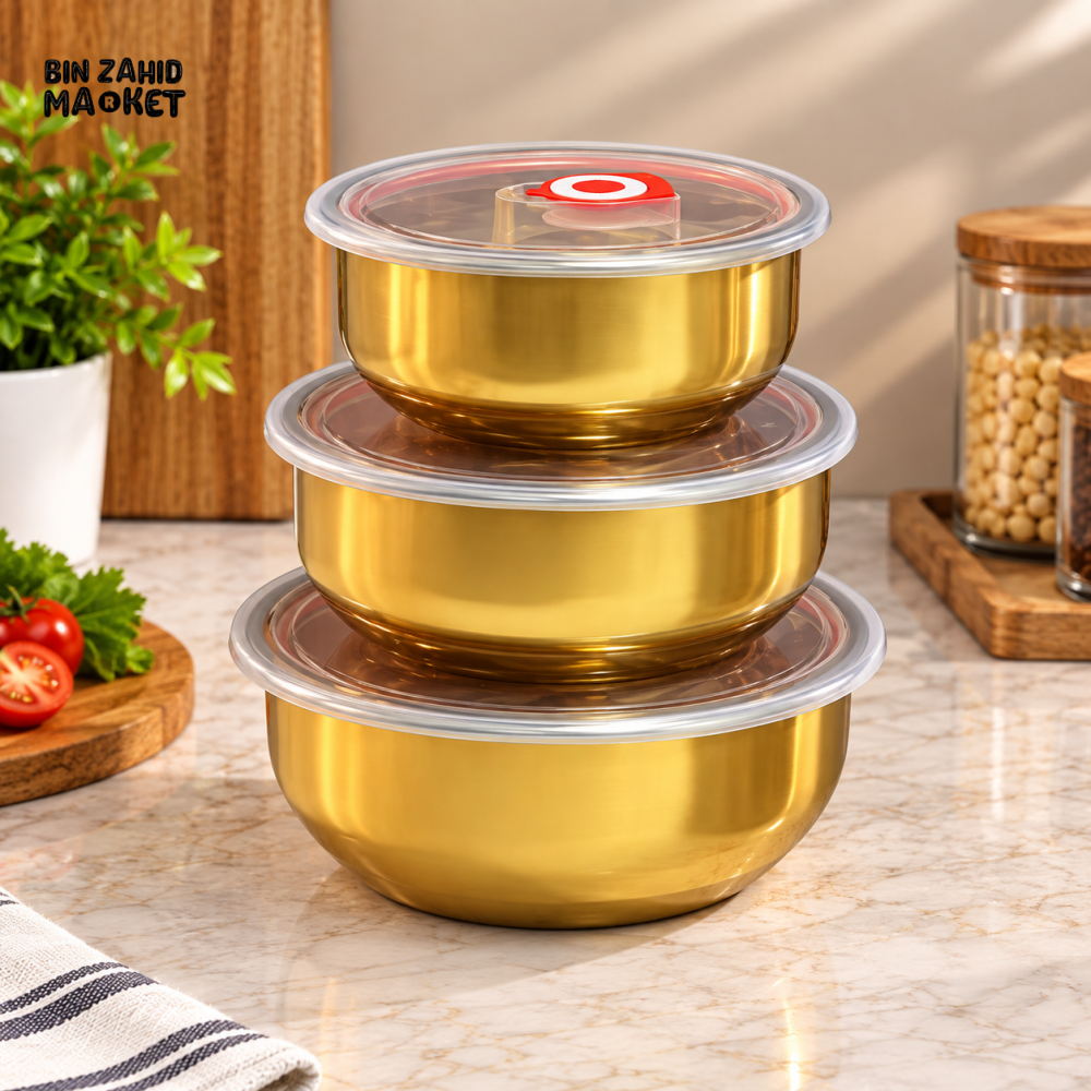 3-PIECE GOLDEN STAINLESS STEEL ROUND FOOD STORAGE BOWL SET WITH LIDS