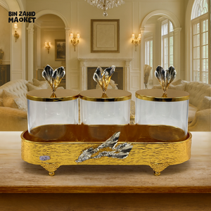 3 PIECE LUXURY CANDY JAR SET DECORATIVE STORAGE JARS WITH LIDS FOR TABLETOP DISPLAY - GOLDEN