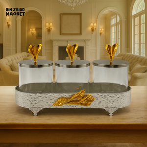 3 PIECE LUXURY CANDY JAR SET DECORATIVE STORAGE JARS WITH LIDS FOR TABLETOP DISPLAY - SILVER