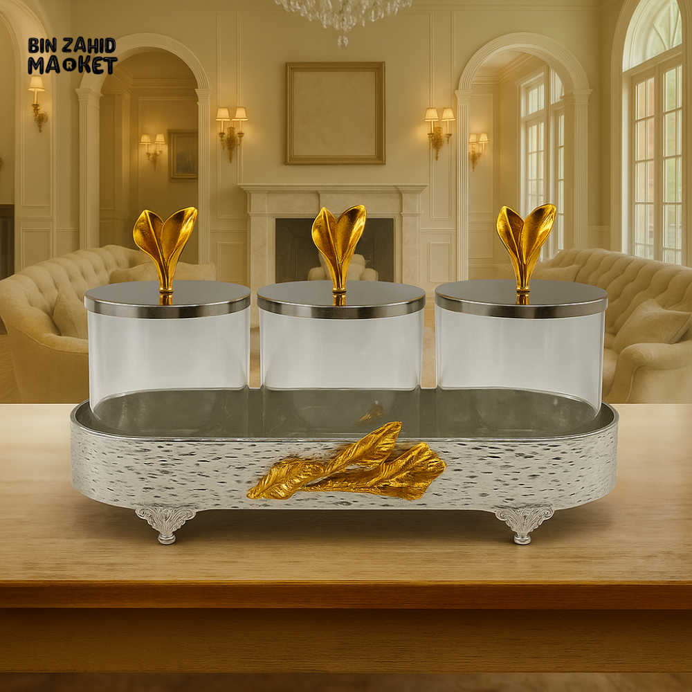3 PIECE LUXURY CANDY JAR SET DECORATIVE STORAGE JARS WITH LIDS FOR TABLETOP DISPLAY - SILVER