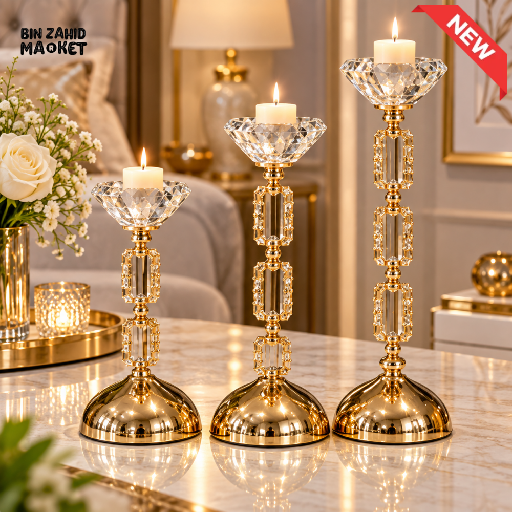 3-PIECE LUXURY GOLDEN CRYSTAL CANDLE HOLDER SET