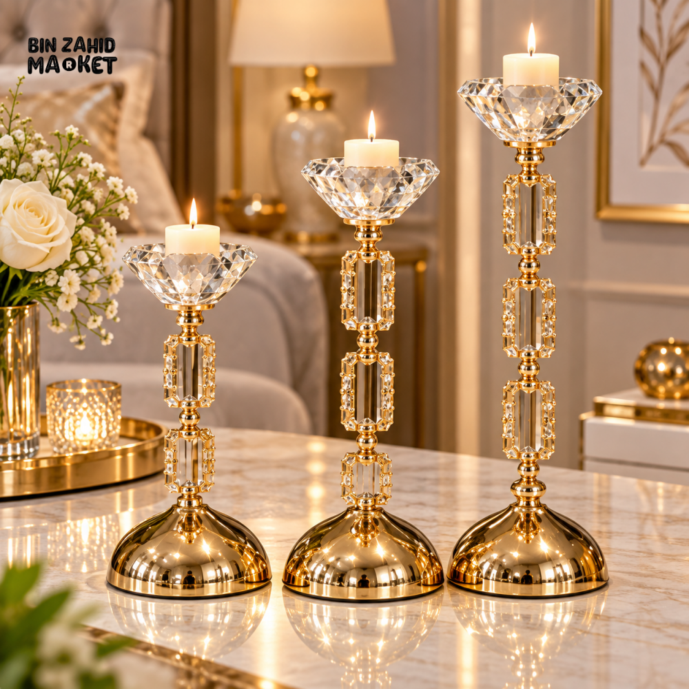 3-PIECE LUXURY GOLDEN CRYSTAL CANDLE HOLDER SET