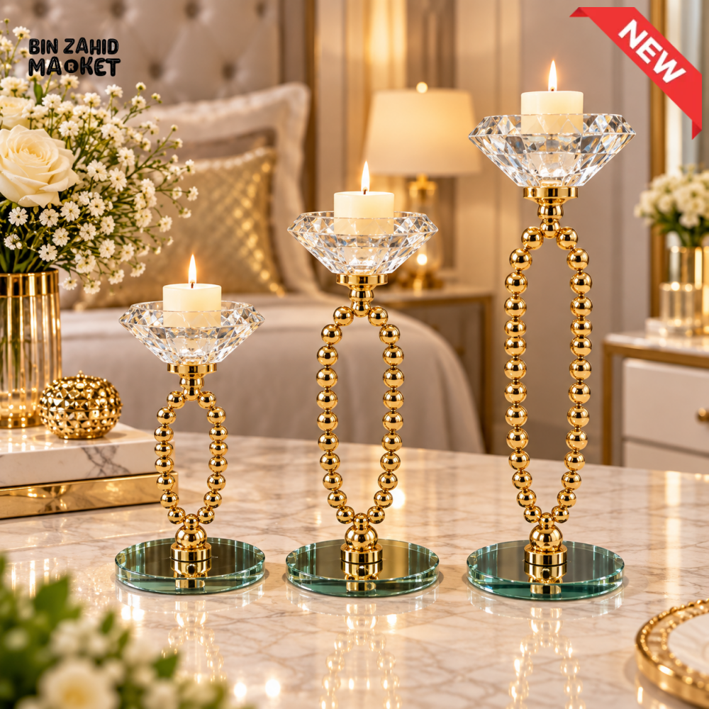 3-PIECE LUXURY GOLDEN CRYSTAL CANDLE HOLDER SET WITH GLASS BASE