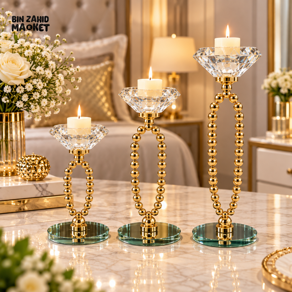 3-PIECE LUXURY GOLDEN CRYSTAL CANDLE HOLDER SET WITH GLASS BASE