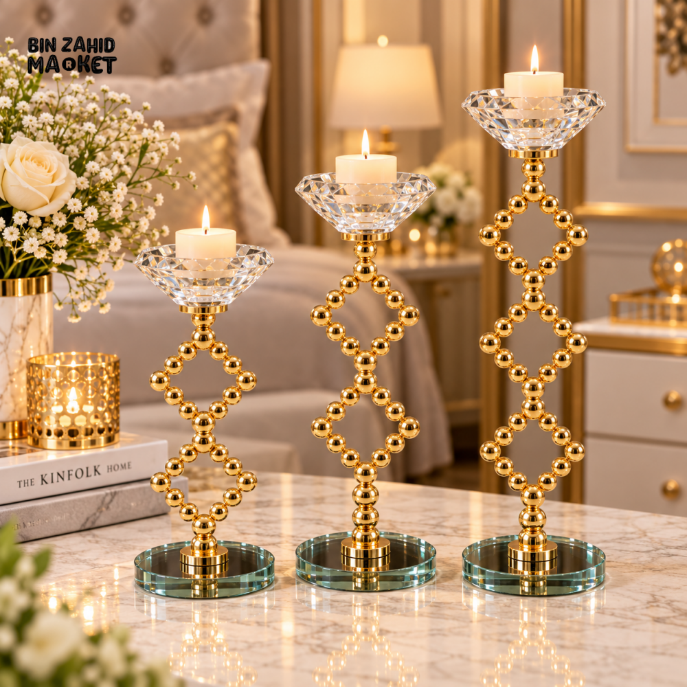 3-PIECE LUXURY GOLDEN GEOMETRIC CRYSTAL CANDLE HOLDER SET