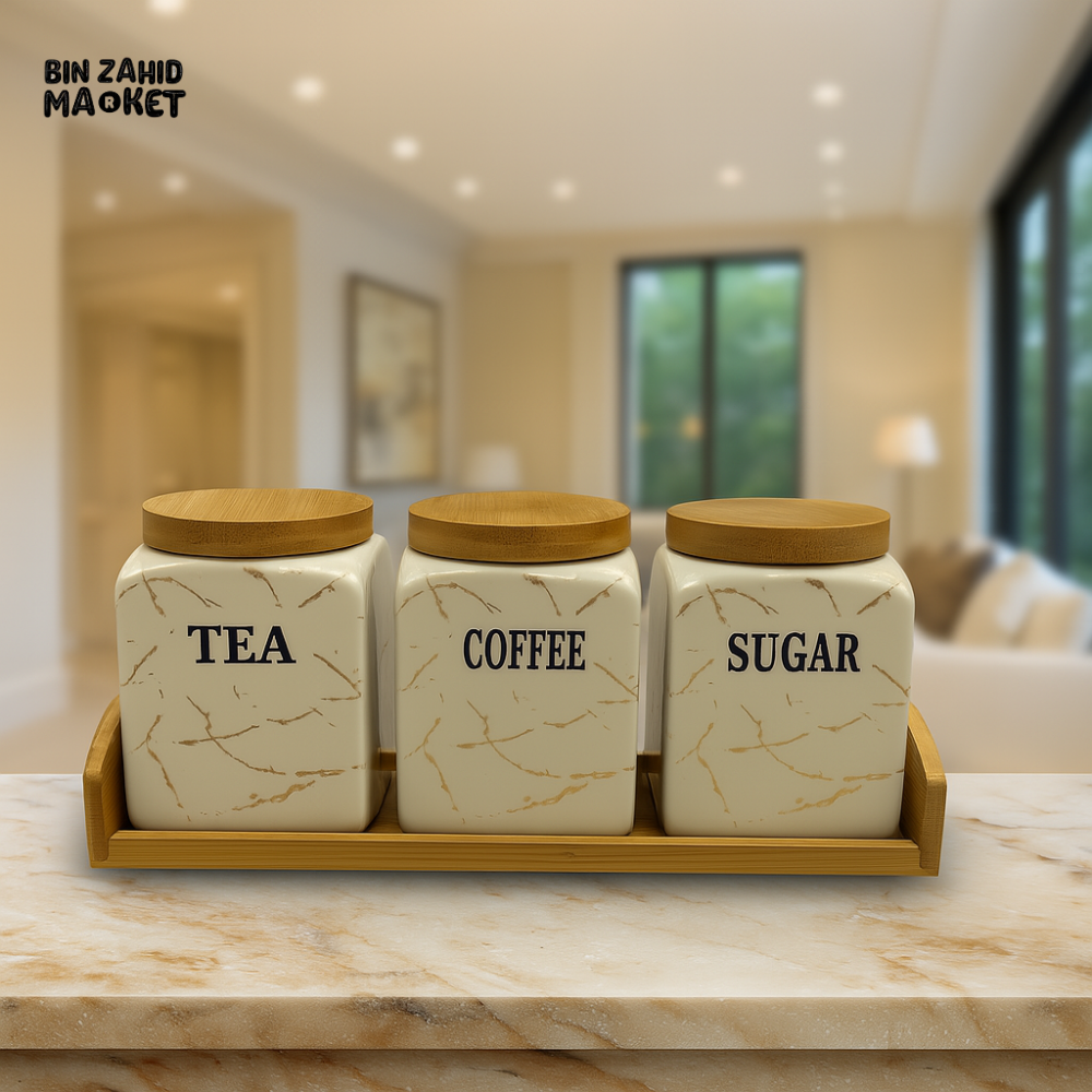 3 PIECE MARBLE DESIGN CERAMIC JAR SET WITH BAMBOO LIDS & TRAY – TEA, COFFEE, SUGAR CONTAINERS FOR KITCHEN STORAGE