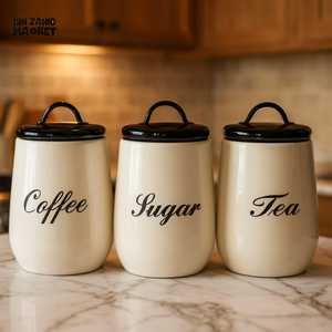 3-PIECE METAL CANISTER SET – COFFEE SUGAR TEA WITH AIRTIGHT LIDS - BLACK